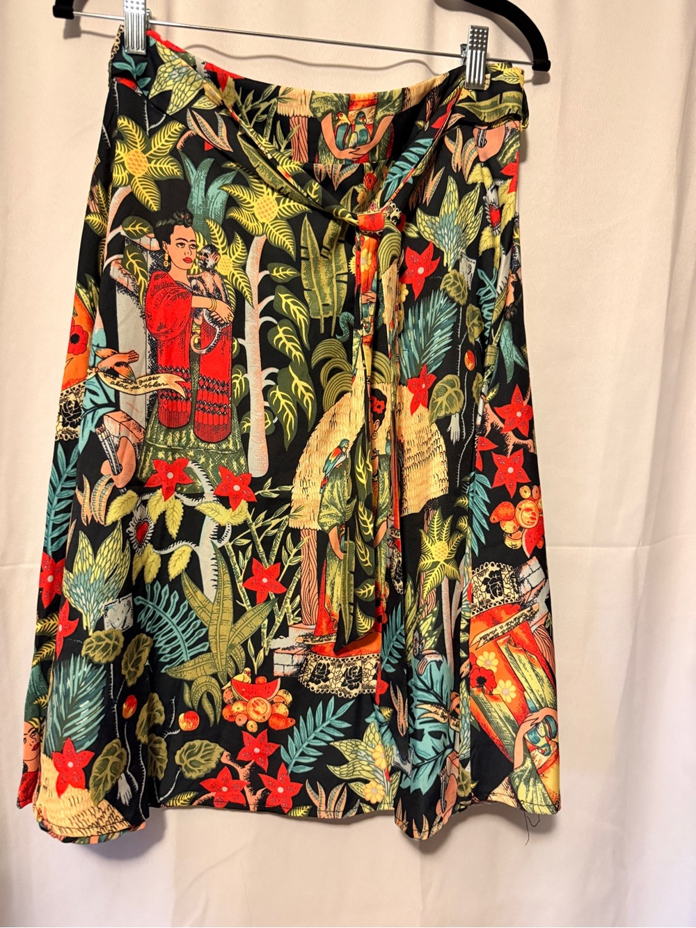 Tropical Floral Print Wrap Skirt - Black with Red & Green Crochet Motif